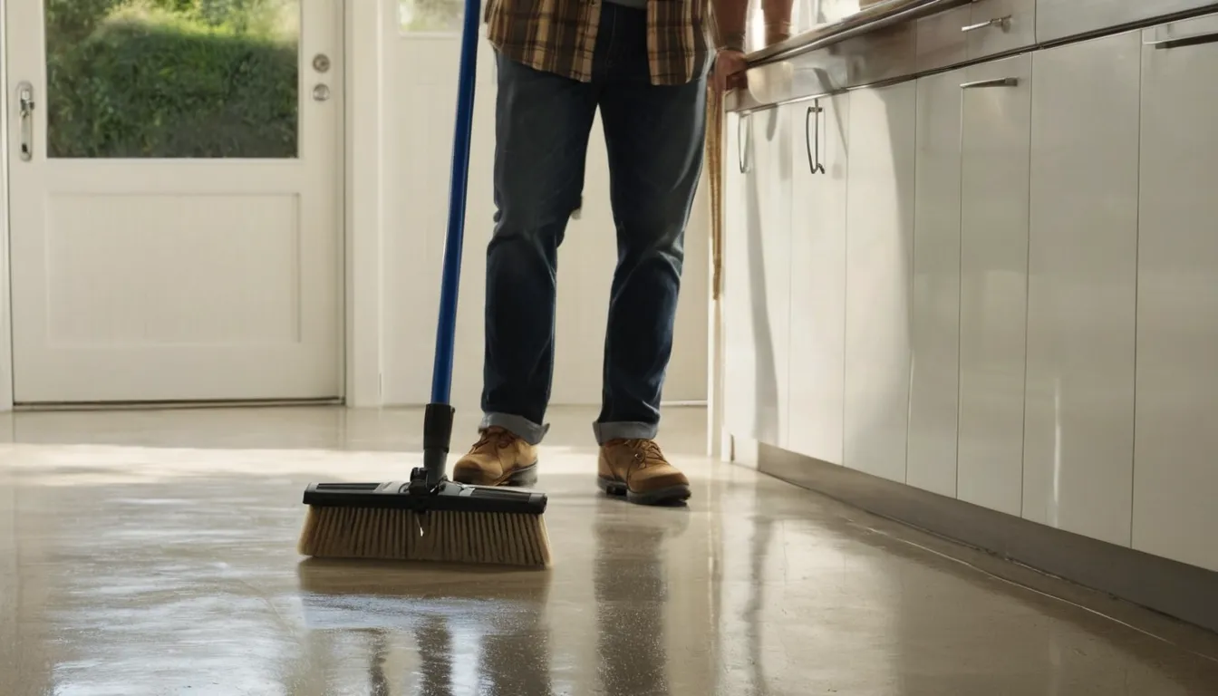 A homeowner sweeping a coated garage floor